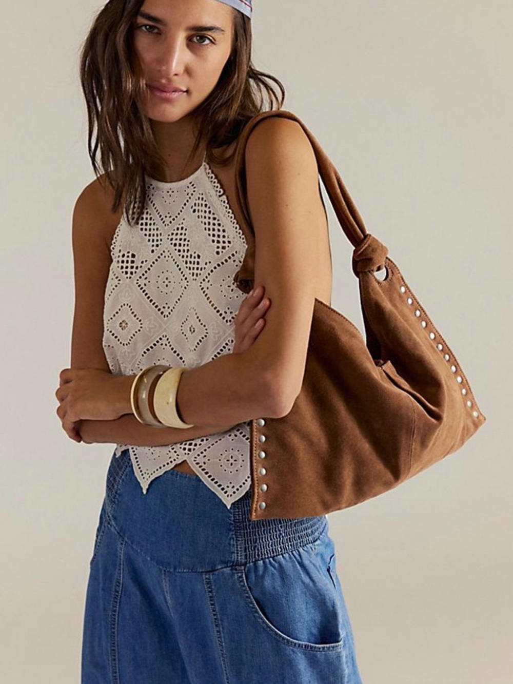 Free People Suede Studded Hobo Tote - Brown - Picture 3 of 6